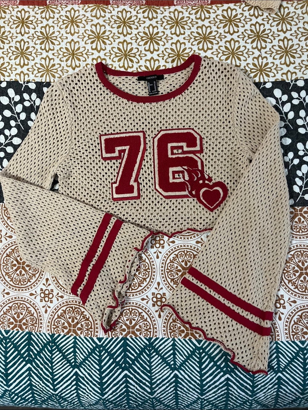 Forever 21 Cream Crochet Crop Top with Red Trim and 76 Patch - Picture 7 of 8